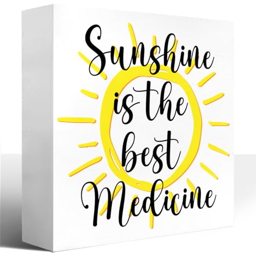 Rustic Spring Wood Block Signs,Sunshine is The Best Medicine Wooden Box Sign for Home Shelf Bedroom Tabletop Desk Decor,Farmhouse Sign Decor