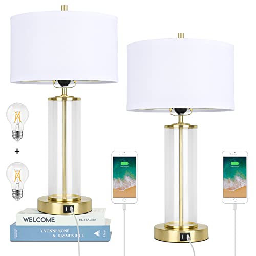 Modern Touch Control Table Lamps with 2 USB Ports for Living Room Set of 2, 3-Way Dimmable Bedside Lamps with White Shades & Clear Glass for Bedroom Nightstand Hotel, Daylight 5000K LED Bulbs Included