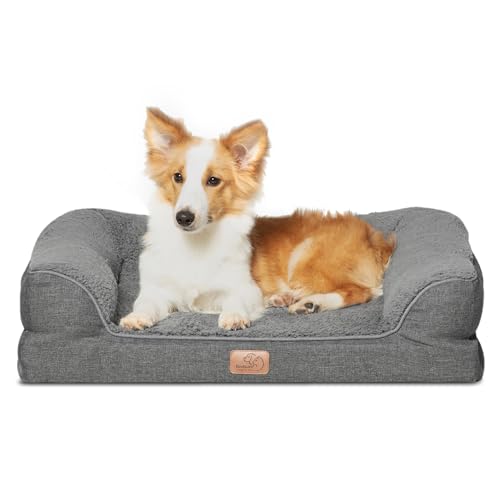 Bedsure Memory Foam Dog Bed for Large Dogs - Orthopedic Egg Foam Dog Sofa Bed with Soft Sherpa Surface, Bolster Pet Couch with Removable Washable Cover, Waterproof Layer and Nonskid Bottom, Dark Grey