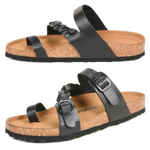 AEROTHOTIC Seraph Women's Cork Footbed Comfort Summer Slide Sandals (7, Seraph Black, numeric_7)