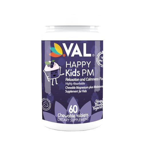 VAL Kids Melatonin Plus Magnesium, B6, Vitamin C, Bedtime Routine Supplement, Sleep Support for Kids 4+, Drug Free, Sugar Free, Natural Blueberry Yogurt Flavor, 60 Chew Tabs