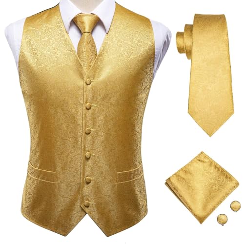 Hi-Tie Silk Paisley Orange Suit Vest and Tie Set for Mens Jacquard Formal Dress Waistcoat for Tuxedo Wedding Party Business