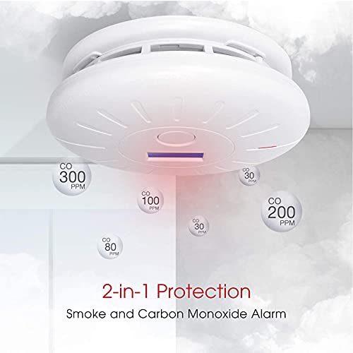 2 Pack 10 Year Battery Operated Smoke and Carbon Monoxide Detector, Portable Fire Co Alarm for Home and Kitchen (White)