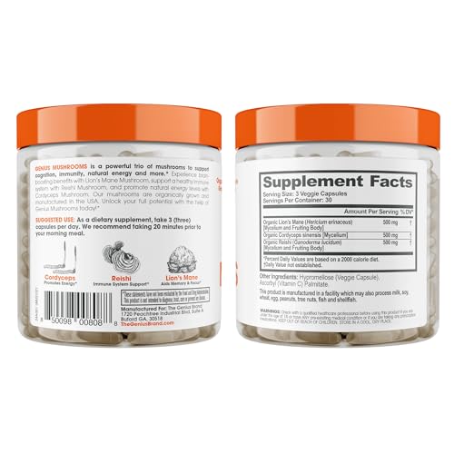 Genius Mushroom Supplement - Lions Mane, Cordyceps, Reishi - Brain Nootropic for Energy, Focus, Overall Wellness, & Immune Support, - 90 Veggie Pills