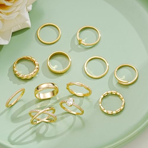 FAXHION 12 PCS Dainty 14K Gold Rings for Women, Eternity Open Chunky Twist Simulated Diamond Criss Cross Designs, Non Tarnish Gold Plated Stacking Thumb Ring, Perfect for Wedding Bands Size 5-11