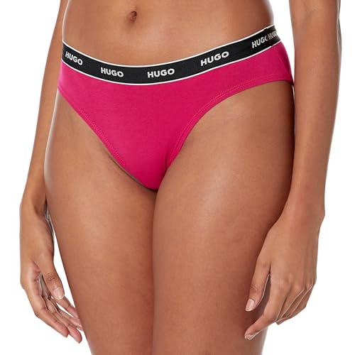 HUGO Womens 3-pack Repeat Logo Cotton Stretch Briefs Bikini Style Underwear, Sugar Plum Pink/Light Heather Purple/Red Flame, Small US