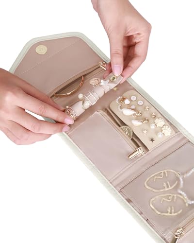 BAGSMART Travel Jewelry Organizer Case Foldable Jewelry Roll for Journey-Rings, Necklaces, Earrings, Bracelets,Mini,Beige