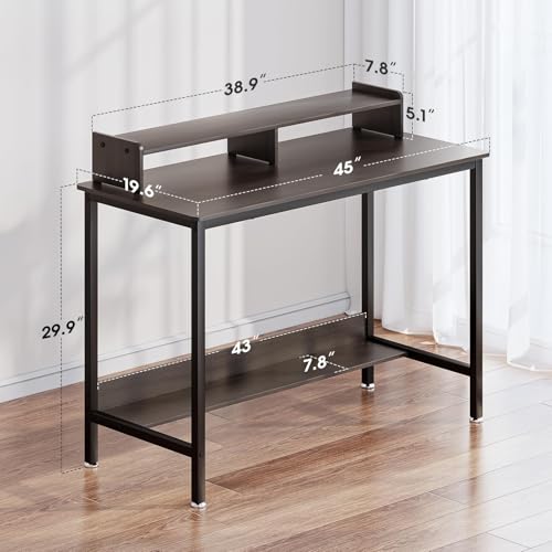 WOODYNLUX Computer Desk with Shelves, 43 Inch Gaming Writing Desk, Study PC Table Workstation with Storage for Home Office, Living Room, Bedroom, Metal Frame, Carbon Black