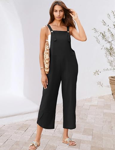 UANEO Womens Cotton Adjustable Casual Summer Bib Overalls Jumpsuits with Pockets (Black, Small)