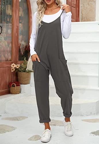 Fisoew Women's Summer Sleeveless Loose Casual V Neck Jumpsuits Spaghetti Strap Long Pants Baggy Overalls with Pockets