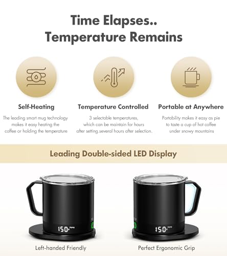 Temperature Control Smart Mug, Self-Heating Coffee Mug with Double-Sided & Real-Time Temperature LED Display, Surround Heating, Improved Waterproof Design, Gifts for Friends, Parents(Black – 14 oz)