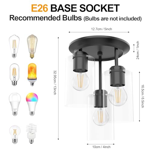 3-Light Semi Flush Mount Ceiling Light, Close to Ceiling Light Fixture with Clear Glass Shades, Modern Hallway Lighting Fixtures for Bedroom, Kitchen, Foyer Entryway with E26 Socket(Bulb Not Included)