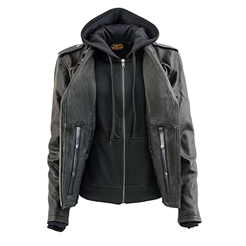 Milwaukee Leather MLL2575 Women's Black Leather Vented Motorcycle Jacket w/Removable Hoodie - X-Small