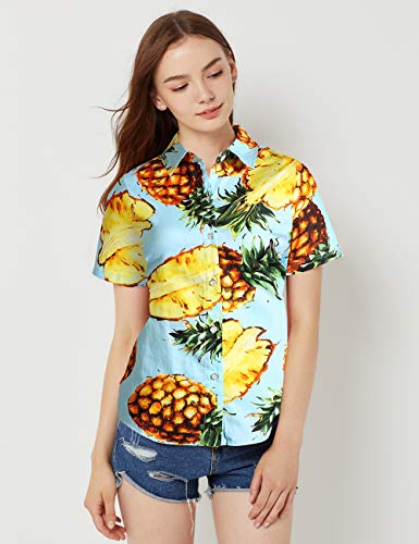 Hawaiian Shirts for Women, Tropical Shirts for Women, Pineapple Shirts for Women Short Sleeve Blouses Casual Floral (Small, Blue Red)