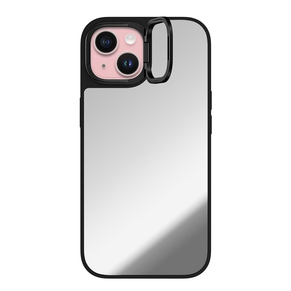 CASETiFY Mirror Ring Stand Case for iPhone 15 [3X Military Grade Drop Tested / 6.6ft Drop Protection/Compatible with Magsafe] - Silver on Black
