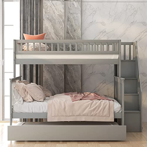 Harper & Bright Designs Bunk Beds Twin Over Full Size, Bunk Bed with Trundle,Storage Shelf and Stairway,Wood Bunk Beds with Full-Length Guard Rail for Kids and Teenagers,No Box Spring Needed, Grey