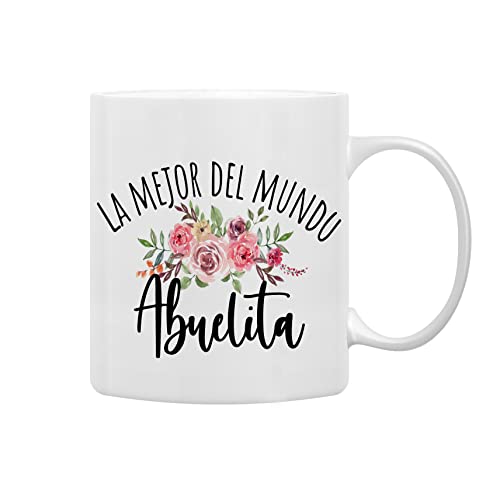 QASHWEY Best Grandma in The World Floral Coffee Mugs Mug, Abuelita Grandma Birthday Mother's Day Gifts From Grandkids,La Mejor Del Mundo Abuelita Spanish Double Side Printed Ceramic Mug Cup 11 Ounce