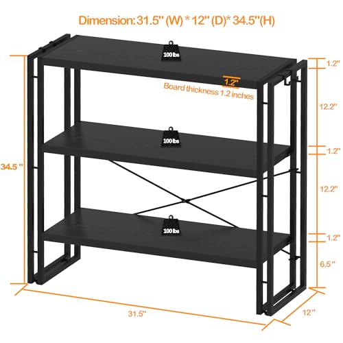 HCHQHS Bookshelf, 3-Tier Industrial Bookcase, Black Open Book Shelf, Freestanding Horizontal Bookshelves with Metal Frame