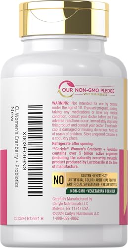 Carlyle Women's Cranberry Plus Probiotics | 120 Capsules | with 14 Probiotic Strains | Vegetarian, Non-GMO, Gluten Free Supplement | for Her