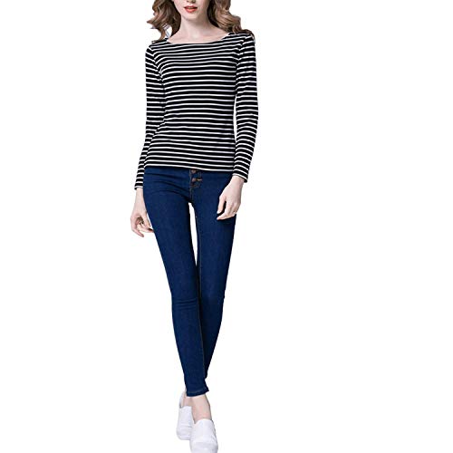 Tulucky Women's Casual Long Sleeve Shirts Stripe Tees Round Neck Tank Tops (S, Black)