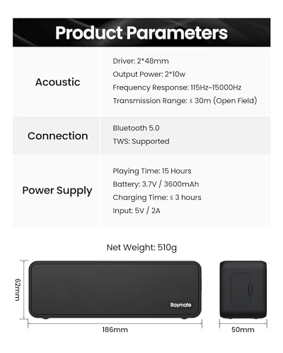 Raymate Bluetooth Speakers, 20W IPX7 Waterproof Speaker Wireless Bluetooth-V5.0, HiFi Stereo Sound, 1000mins Playtime, Portable Speaker for Home, Outdoor, Party