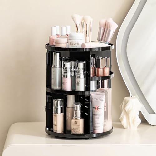 HBlife 360 Rotating Makeup Organizer Adjustable Carousel Large Capacity Revolving Perfume Organizer Skincare Organizers Cosmetic Storage Spinning Holder for Vanity, Black