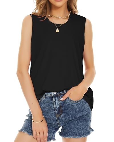 Womens Summer Tops Sleeveless Top Crewneck Cute Printed Tunic Shirts (Blue White Flowers, M)