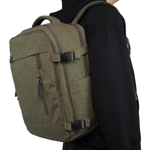 KAUKKO Thick Canvas Travel Backpack, Flight Approved Carry On Backpack with Shoe Pouch and 15.6 inch Laptop Compartment, 40L Luggage Casual Daypack Weekender Bag 10-ARMYGREEN