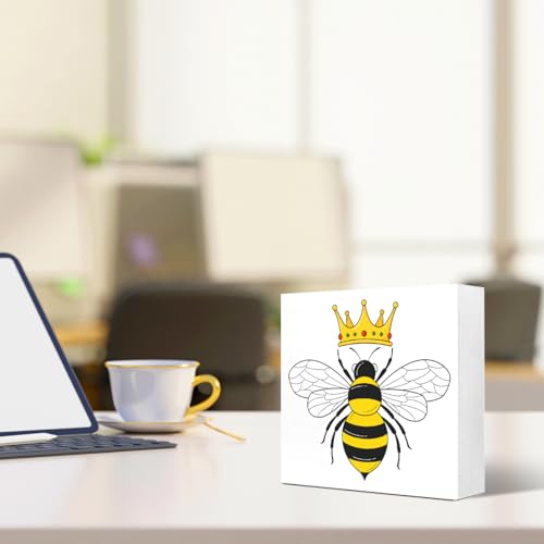 Bee Queen Desk Decor, Funny Bee Queen Crown Wood Block Sign Desk Décor for Home Bedroom Office