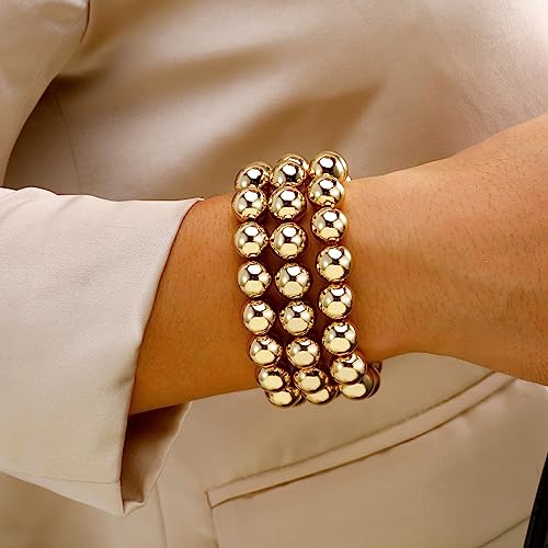 Gold Bangles Bracelet for Women Chunky Curved Stacking Plated Bead Ball Stretchable Bracelets