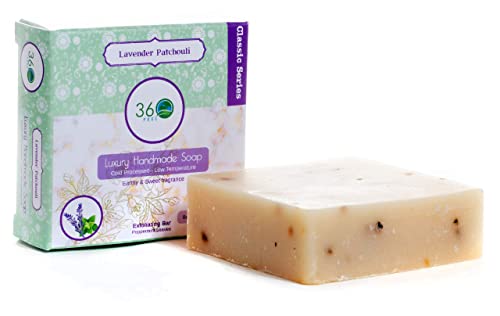 360Feel Lavender Patchouli Soap - 5oz Castile Handmade Soap bar- Refreshing Earthy with peppermint leaves Skin Scrub Exfoliation - Man Soap-Essential Oils - Gift ready