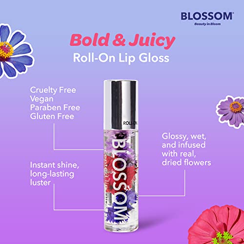 Blossom Roll on Lip Gloss, Scented Clear High Shine Moisturizing Lip Oil, Non Sticky, Infused with Real Flowers, Made in USA, 0.2oz, Pineapple