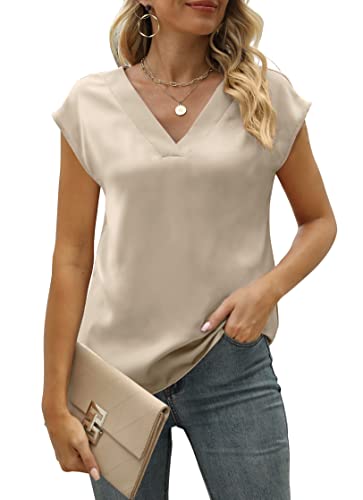 MIROL Women's Cap Sleeve Silk Tops V Neck Satin Blouse Solid Elegant Loose Fit Shirts Apricot