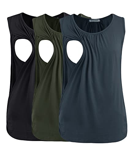 Smallshow Women's Maternity Nursing Tank Tops Breastfeeding Clothes 3-Pack Medium Black-Dark Grey-SVP121