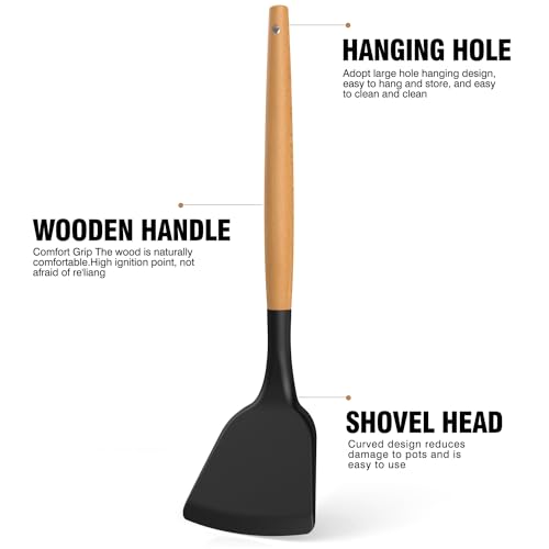 Silicone Cooking Utensils Set - Silicone Kitchen Utensils for Cooking Wooden Handles, 446°F Heat Resistant Kitchen Utensil Spatula Sets w Holder, Gadgets for Non-Stick Cookware BPA FREE (Black)