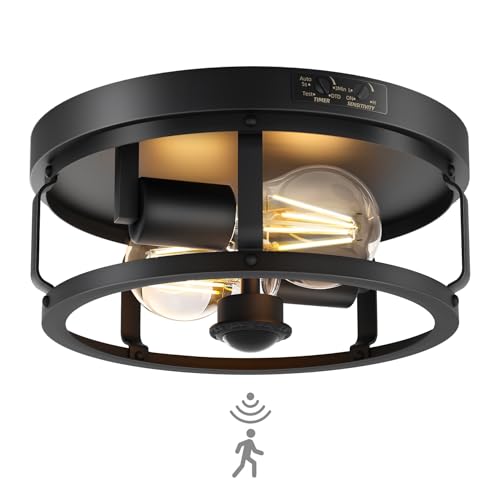 OYKYOHEI Outdoor Ceiling Light, 2-Light Motion Sensor Flush Mount Ceiling Light Fixture, Dusk to Dawn Outdoor Porch Light Ceiling Mount for Entryway, Porch, Garage, Bulb Not Included, Black