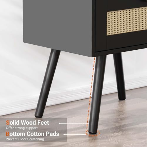 SUPERJARE Nightstand with Charging Station & Rattan-Like Decor Drawer, Rattan End Table with Solid Wood Feet, Bed Side Table with Open Storage, for Bedroom, Living Room, Dormitory - Black - 8021BC