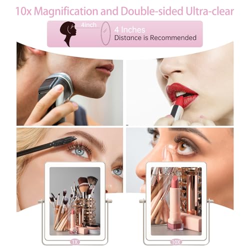 FASCINATE Rechargeable Wall Mounted Makeup Mirror, Bathroom Mirror Rectangle 8.7 Inch Double Sided 1X 10X Magnifying, 3 Color Setting, Extended Arm 360° Swivel Foldable Nichel