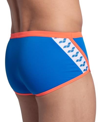 Arena Performance Icons Solid Men's Low-Waist Swim Brief Short MaxLife Athletic Practice Swimsuit Competition Training Active Bathing Suit, Blue River/Bright Coral, US Size 24