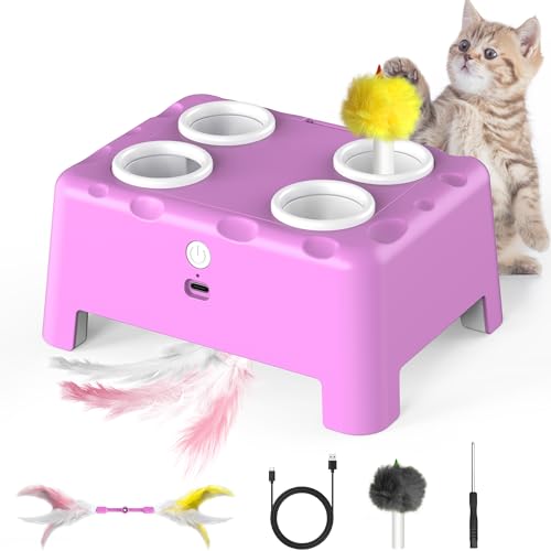 Interactive Cat Toys, 2-in-1 Automatic Cat Toy, 4 Holes Mice Whack A Mole Cat Mouse Toy with Moving Feather, Portable USB Rechargeable Electronic Kitten Toys (Blue)