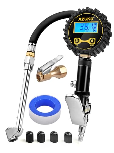 AZUNO Tire Inflator with Pressure Gauge, Most Accurate, Heavy Duty Tire Pressure Gauge with Durable Steel Braided Flexible Hose, Large 2.5" Easy Read Glow Dial and Quick Connect Coupler -100PSI