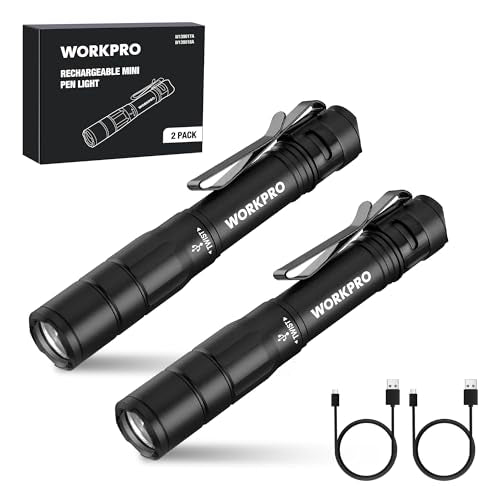 WORKPRO Rechargeable Pen Light, Mini Flashlight, 2 Pack Ultra-Compact EDC Flashlight, Pocket Flashlight with Clip, Memory Function and 2 x USB C Cable Included, Gray