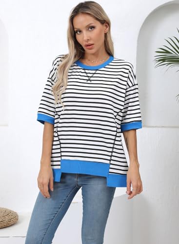 GUNEST Womens Summer Tops Blue Striped Casual Crewneck Short Sleeve Sweatshirt Striped Color Block Trendy Pullover Knitted T Shirts Blouse