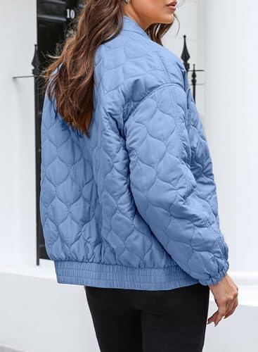 EVALESS Jackets for Women Fashion 2023 Winter Coat for Women Business Casual Diamond Quilted Shacket Jackets Lightweight Collar Long Sleeve Zip Up Puffer Grey Jacket with Pockets, Small