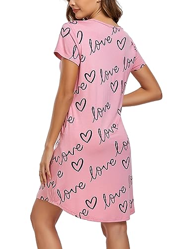 EISHOPEER Night Shirts for Women Short Sleeve Sleep Shirt Cute Print Sleepwear Soft Nightgown with Pockets Pink S