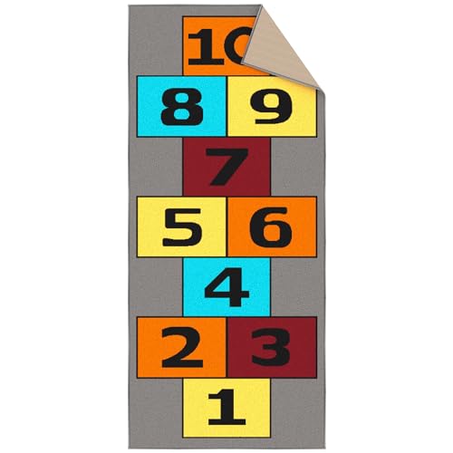 Ottomanson Children's Garden Collection Non-Slip Rubberback Hopscotch Design 3x6 Kid's Runner Rug, 2'7" x 6', Green