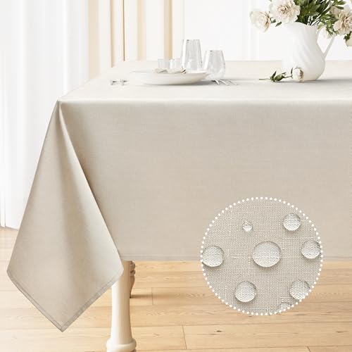 smiry Rectangle Linen Tablecloth, Waterproof Spillproof Anti-Wrinkle Burlap Table Cloth, Washable Decorative Farmhouse Fabric Table Covers for Dining, Fall Parties, Banquets, 52x70 Inch, Beige