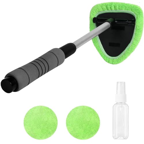 XINDELL Windshield Cleaner Tool - Portable Car Interior Cleaning Kit with Extendable Handle, 4 Microfiber Towel Pads, Auto Glass Wiper for Windshield, Trucks, SUVs, RVs, and Home Windows