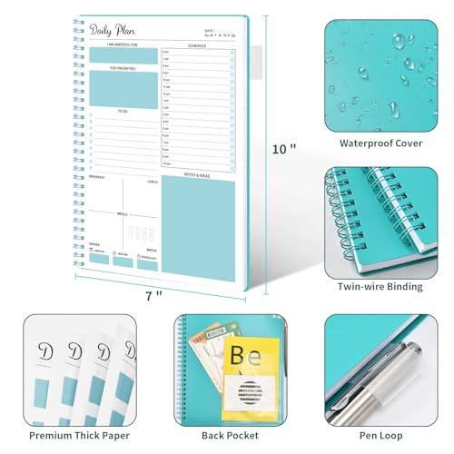 Daily Planner Undated - to Do List Notebook with Hourly Schedule, Hourly Planner, 7’’ x 10’’ Spiral Appointment Planner to Stay Organized, Flexible Hardcover, Inner Pocket