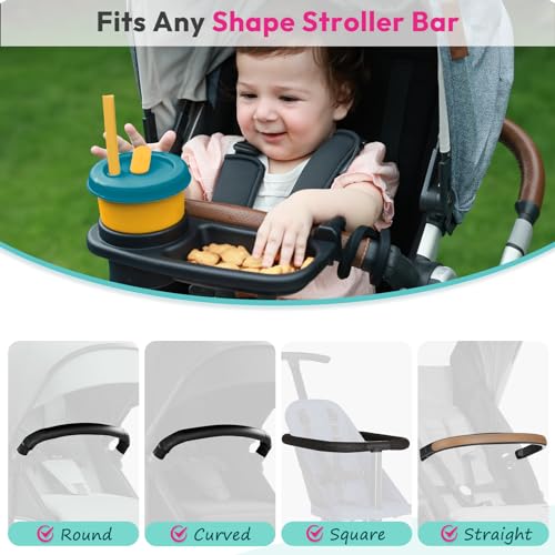 Universal Stroller Snack Tray, Cup Holder Tray with Silicone Flexible Arms Grip, Universal Stroller Snack Tray Attachment for Baby & Toddler, Stroller Accessories, Snacking On The Go, Dark Gray
